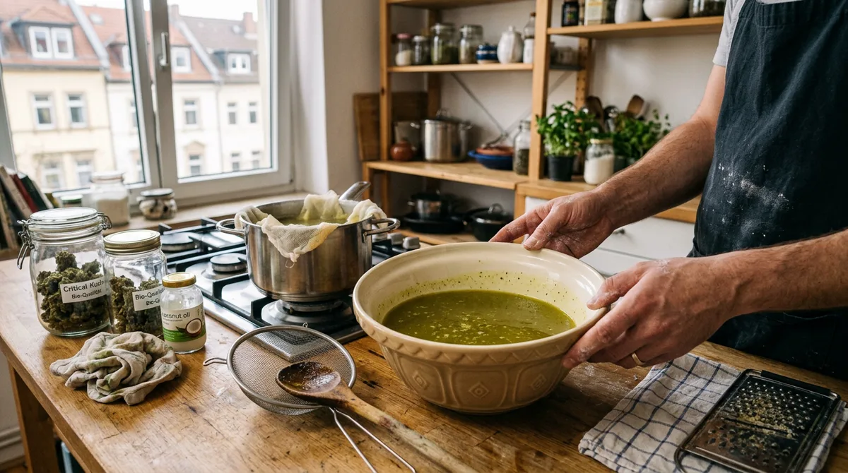 Klassische Cannabutter in Schüssel, frisch zubereitet