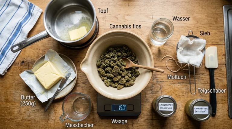Cannabutter Zutaten in Schüssel, Draufsicht Los Angeles Style