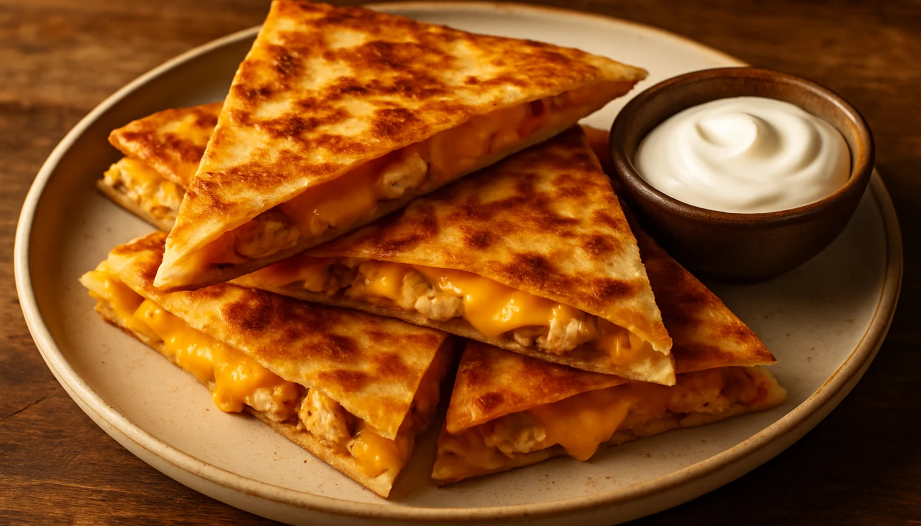 Cannabis Hähnchen Quesadilla mit Tortilla und Cheddar, goldbraun gebraten