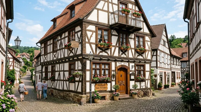 fachwerkhaus-historisch-restauriert-aussenfassade-holz-balken-deutschland-dorf-architektur